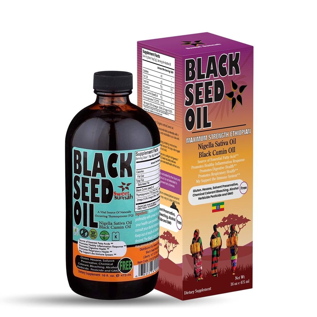 Olio Etiope di Seme Nero - 3.43% Thymoquinone Cumin Pressed Cold-Pressed da Pure Nigella Sativa - Prima Pressatura Blackseed Non-GMO Migliorato - 16 Oz Bottiglia di Vetro Dolce Sunnah