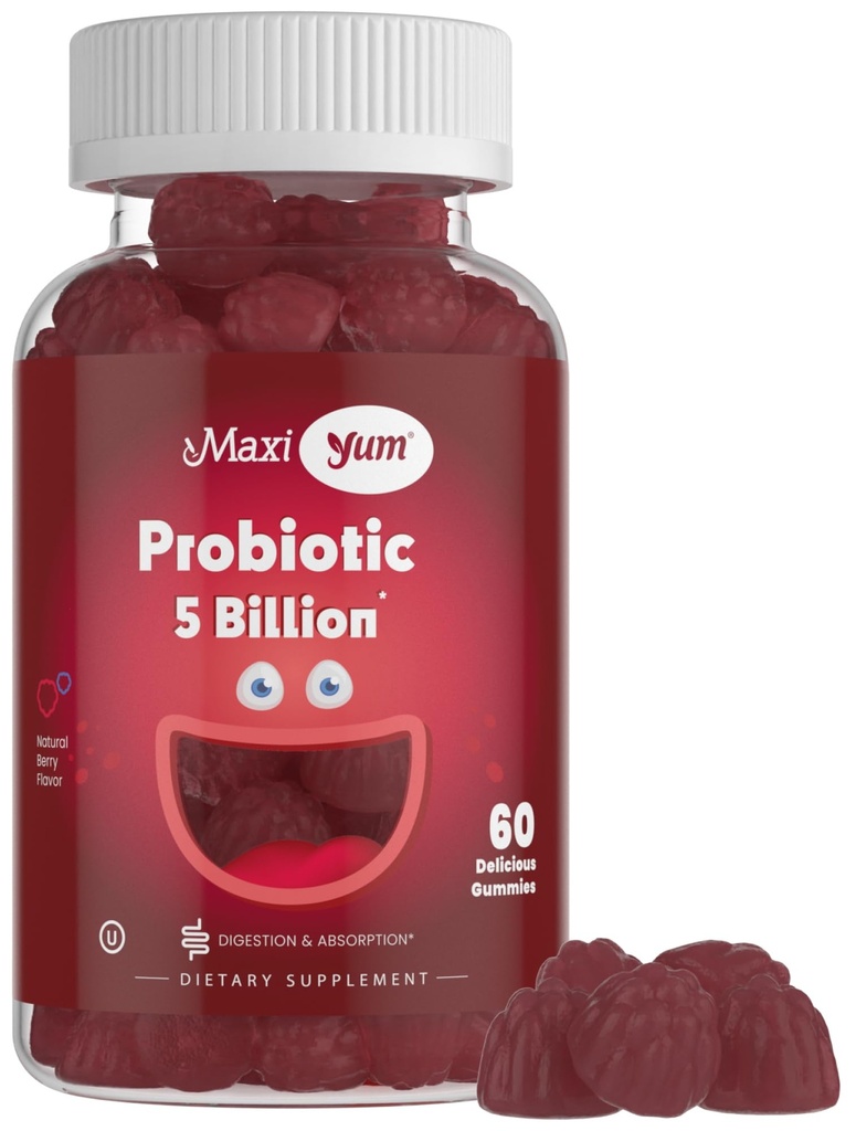 Maxi Health Yum, Probiotic Gummies con 5 miliardi di CFU di Probiotici Digestivi, Kosher Certified Natural Berry Flavor Gut Health Chewable Gummy Supplements for Men & Women, 60 Gummies