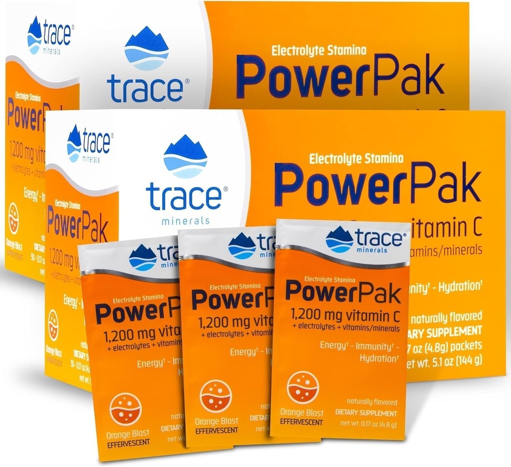 Trace Minerals | Power Pak Electrolyte Powder Packets | 1200 mg Vitamina C, Zinco, Magnesio | Boost Immunity, Hydration and Natural Energy | Orange Blast | 60 Packets