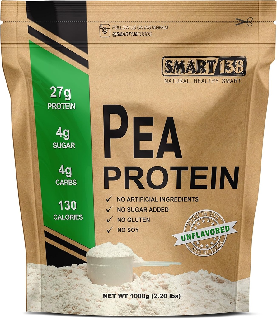 100% Pure Pea Protein, Ultra Smooth Powder, Vegan, Gluten-Free, Soy-Free, Dairy-Free, Non-GMO, USA/Canada, Keto (Carb bassa), BCAA naturali (1000g / 2.2lbs, non aromaed)
