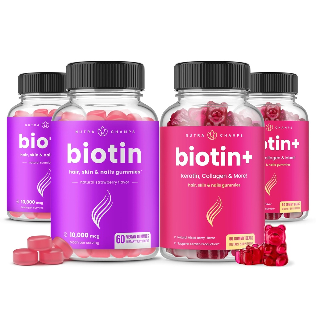 NutraChamps Biotin & Biotin+. Il Duo completo per capelli, pelle e unghie. Biotina, Collagene, Keratin & More