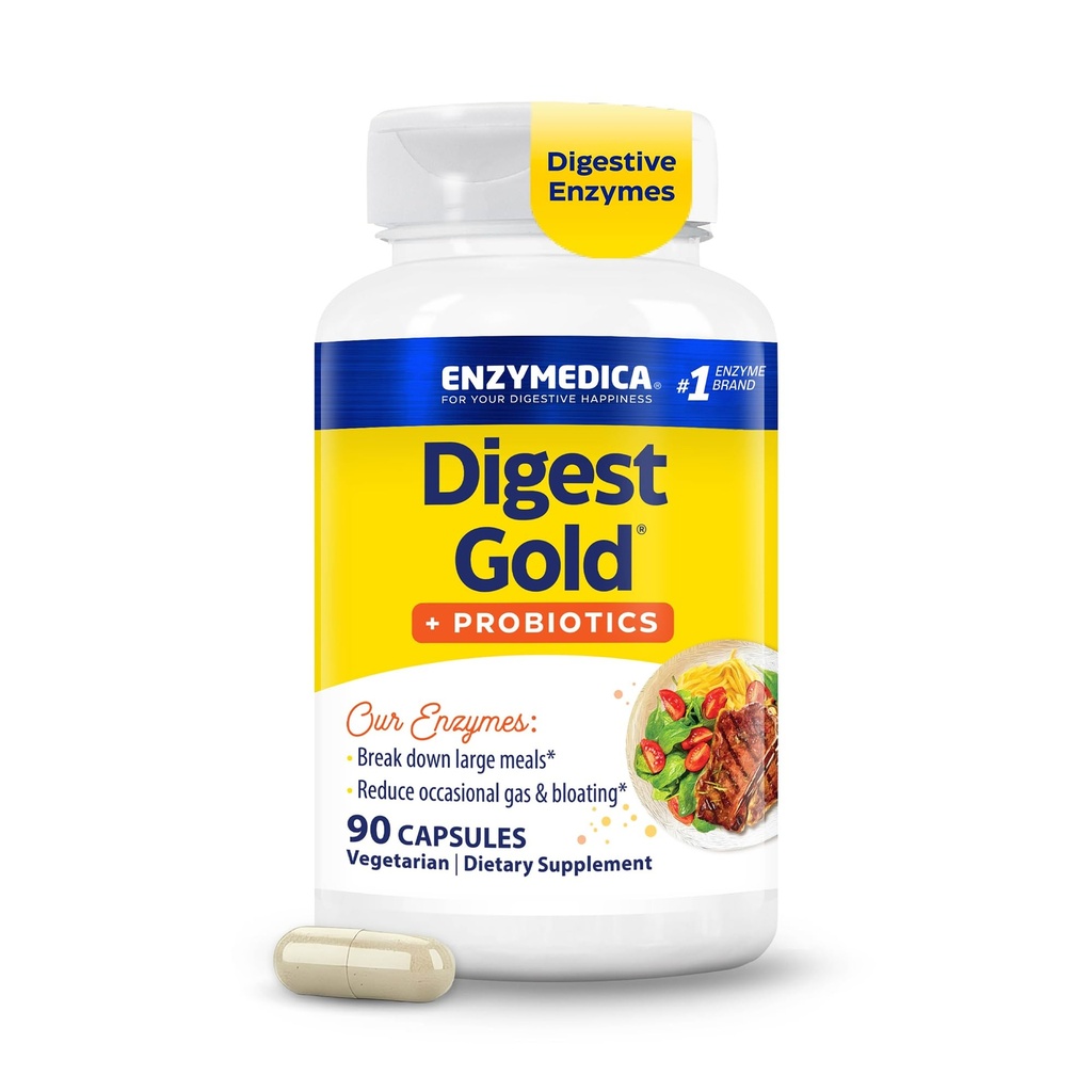 Enzymedica Digest Gold + Probiotics, Formula 2 in-1 per la salute del fegato, Enzimi digestivi & 1 miliardo di culture probiotiche attive, Conteggio 90 (FFP)