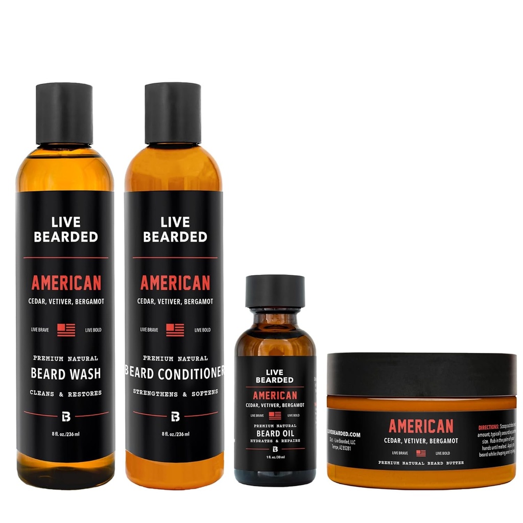 Kit Grooming Cuscinetto completo - Lavaggio, Condizionatore, Burro e Olio - Realizzato negli Stati Uniti con Ingredienti All-Natural - Mens Groom Set | American Scent - Cedro, Vetiver, Bergamot