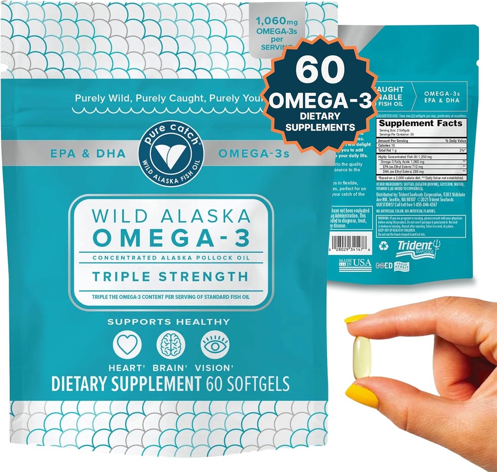 Trident Seafoods Pure Catch Wild Alaskan Fish Oil 1060mg Triple Strength Omega-3 Fish Oil Supplemento per le donne e gli uomini - EPA e DHA - 60 Ct. Daily Citrus Soft Gel Supporta cuore, cervello e visione