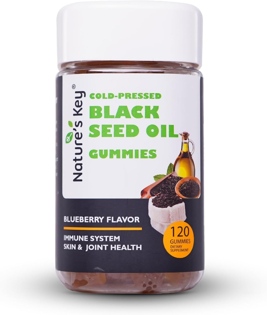 Gummie chiave dell'olio di semi neri della natura, Immunità di sostegno, articolazioni, digestione, capelli e pelle | Pressed a freddo, con 200 mg Nigella Sativa olio di semi, vitamina C, zenzero, melograno (Conte di aroma 120 di mirtillo)