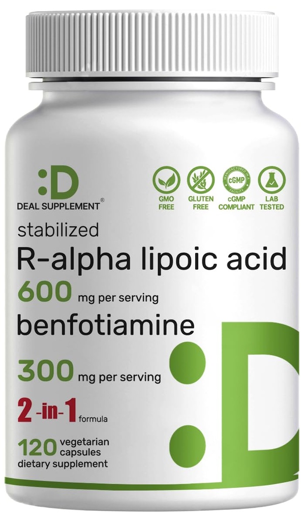 DAL SUPPLEMENTO R Acido alfa lipoico 600mg con Benfotiamine 300mg Per Serving, 120 capsule vegetali – 200mg R-ALA Per Capsule – Supplemento antiossidante per il supporto di sistema energetico e nervoso