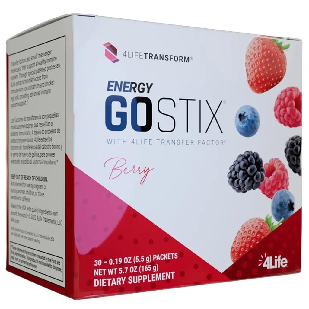 4Life Energy Go Stix, Healthy Energy Drink Mix, Caffeina da Guarana, Maca, Yerba Mate e Green Tea Leaf Extract, Berry Flavor - 30 Pacchetti