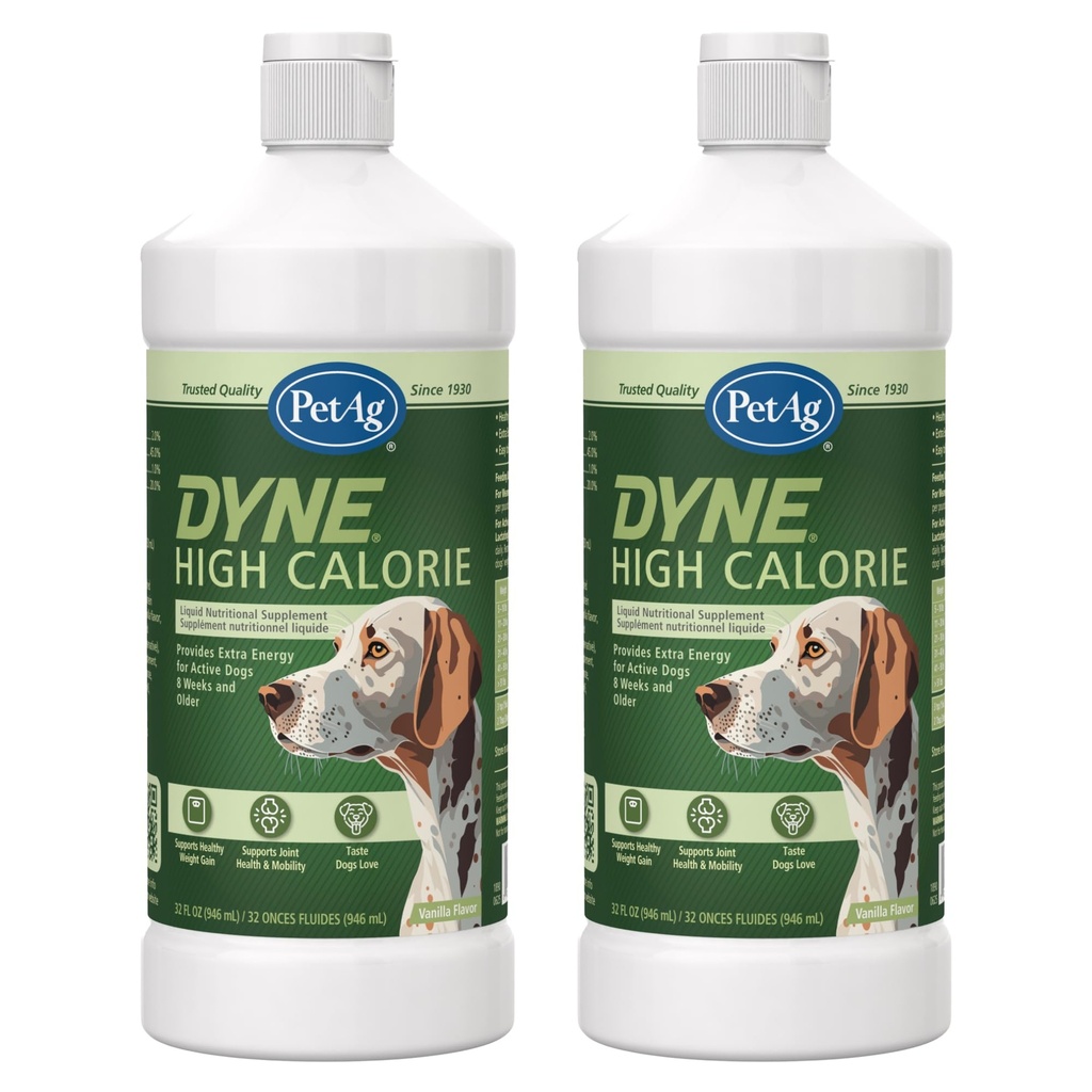 Pet-Ag Dyne Alto Calorie Supplemento nutrizionale liquido per cani e cuccioli 8 settimane e più vecchio - 32 oz, Confezione da 2 - Supporta prestazioni e resistenza - Dolce Vanilla Flavor