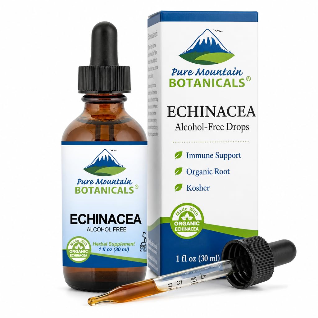 Pure Mountain Botanicals Liquid Echinacea Drops – Kosher Tincture Alcohol Free Extract - 500mg Organic Echinacea -1oz Bottiglia