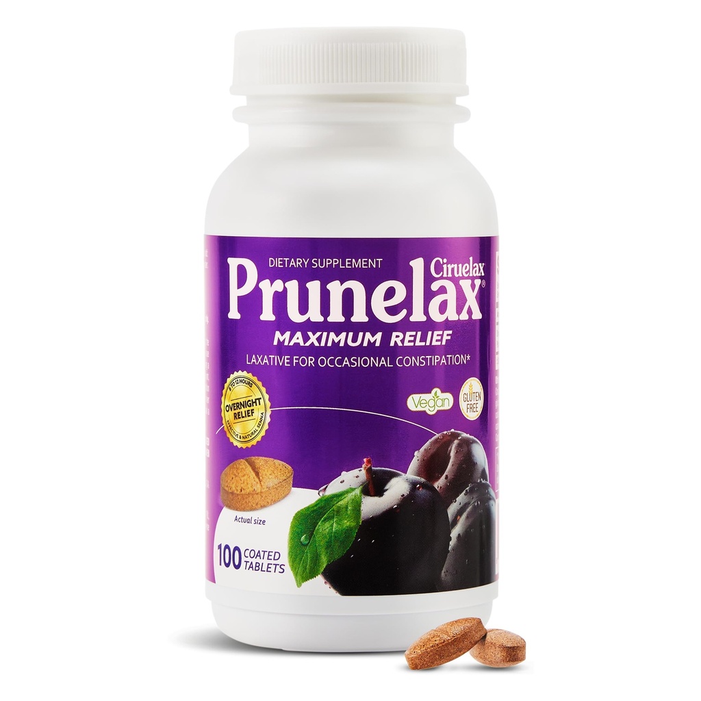 Prunelax Ciruelax Massima Rilievi Lassativi Tablet con Senna Naturale per costipazione occasionale, Estratto di senna, Vegan & Gluten-Free, Rilievo per la notte delicato - 100ct