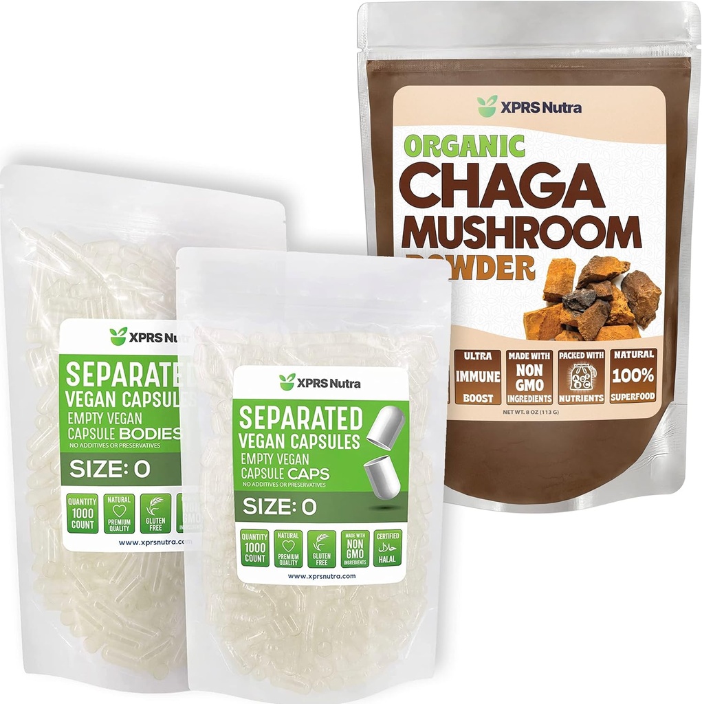 XPRS Nutra Dimensioni separate 0 capsule (1000 Conte) con Chaga Polvere (8 once) Bundle