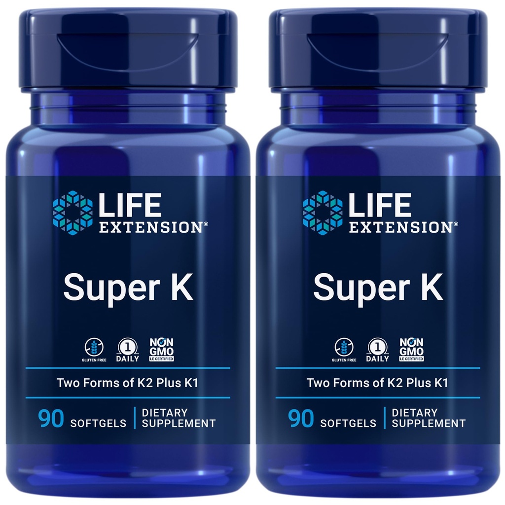 Estensione della vita Super K, Vitamina K1, Vitamina K2 mk-7, Vitamina K2 mk-4, Vitamina C, Bone/Heart/ Salute aerea, Alimentazione a 3 mesi, Senza glutine, 1 Quotidiano, Non OGM, 90 softgels (Pack of 2)