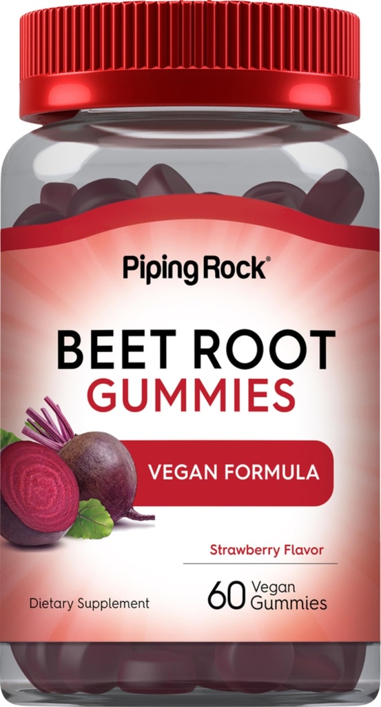 Piping Rock Beet Root Gummies | 60 Count | per uomini e donne | Nitric Oxide Supplement | con vitamina C e pepe nero | Strawberry Flavor | Vegan, Non OGM, Gluten Free