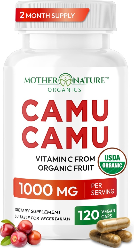 Vitamina C Organica di Camu Camu Capsule 1.000mg, Confezione con VIT C Naturale, Antiossidanti Raw - Integratore di Supporto Immune & Anti-Aging per Pelle - Polvere Organica, Vegan, Non OGM (120 Conteggio)