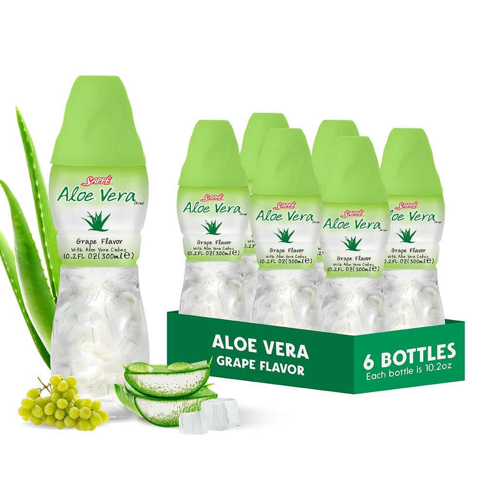 Succo di aloe vera (Grape aromatizzato) con pezzi più grandi di polpa di aloe pura (6 confezioni) Succo a base vegetale grande per idratazione e contiene grande polpa di aloe. È sano per adulti e bambini