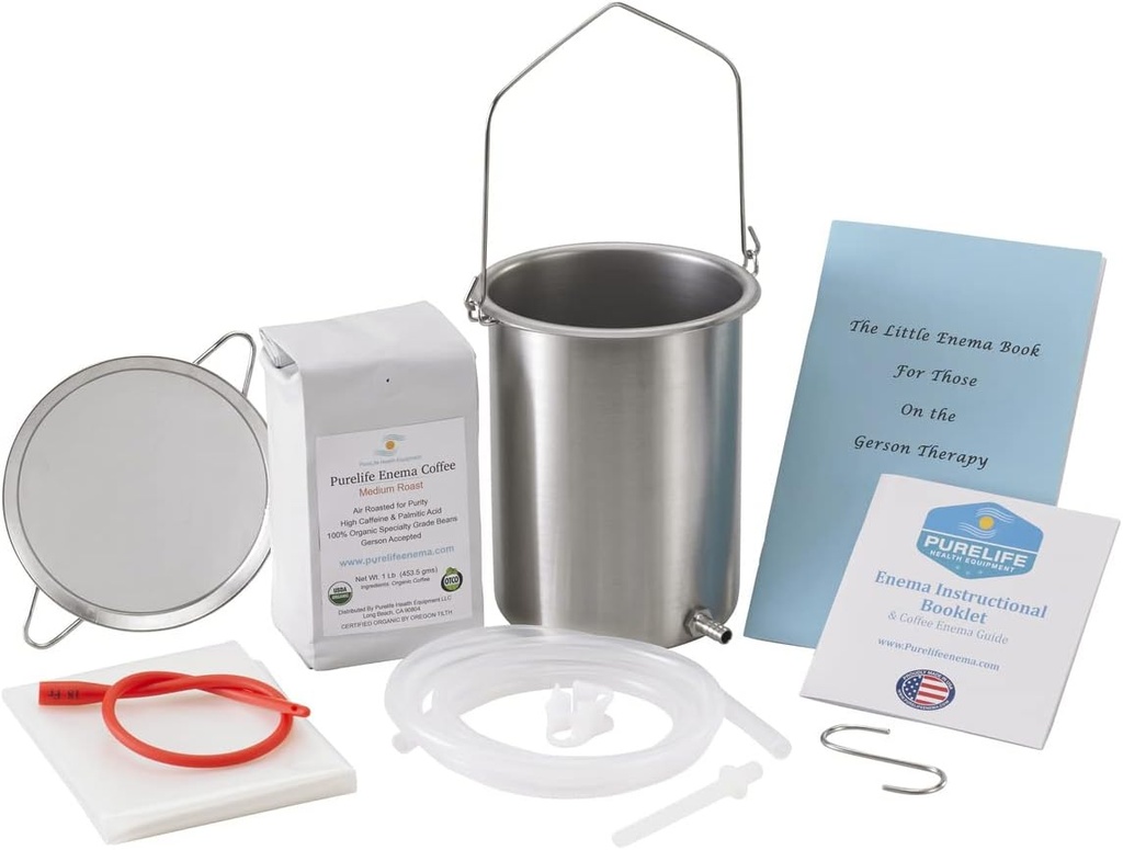 PureLife Coffee Enema Kit - Made in USA - Tutto ciò che ti serve Kit - 2 Qt USA In acciaio inox Enema Enema Bucket - Lab Tested Organic Enema Coffee - Mold, Fungus, Mycotoxin Free - 1 Pound - Coffee Strainer