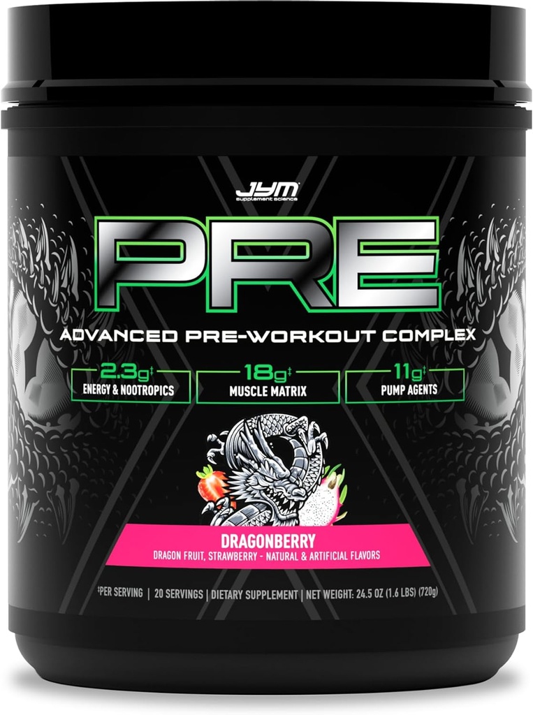 JYM Supplement Science Pre JYM X Dragonberry Advanced Pre-Workout Powder Massive Pumps, Citrulline Nitrate, Dynamine, NO3T Betaine, BCAA, Nootropics, Creatina, Beta-Alanine, 20 Servings