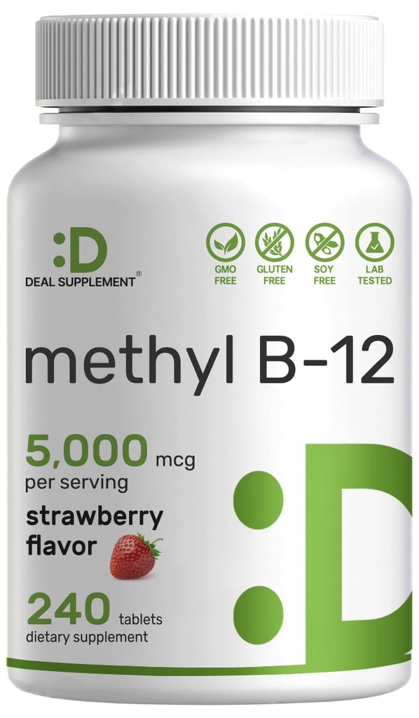 DEAL SUPPLEMENTO Methyl B-12 Vitamins 5000 mcg, 240 Chewable Tablets | Active Form - Strawberry Flavored - Energy Support & Brain Health Function - Vegetarian & GMO Free