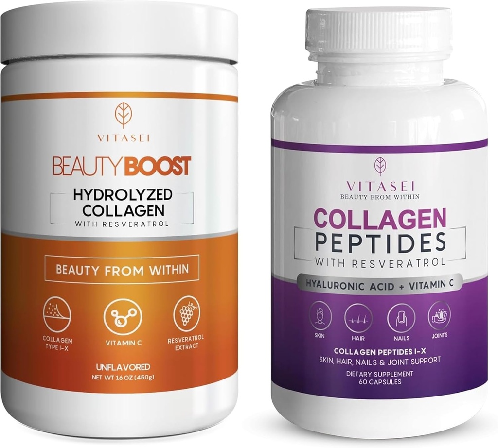VITASEI Collagen Benessere Bundle – Peptide di collagene idrolizzato Polvere & Collagen Capsule Peptide con Vitamina C & Resveratrolo – Supporto per capelli, pelle, unghie, ossa e giunti