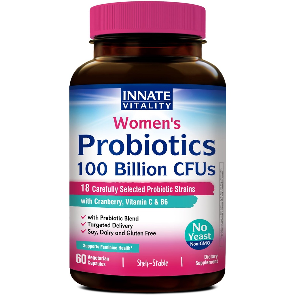 Probiotici vitalità innata per le donne, 100 miliardi di CFU 18 Strains, Prebiotici e Probiotici, con Mirtillo, Vitamina C & B6 P5P, Salute vaginale e digestiva, Non refrigerata, 60 Caps