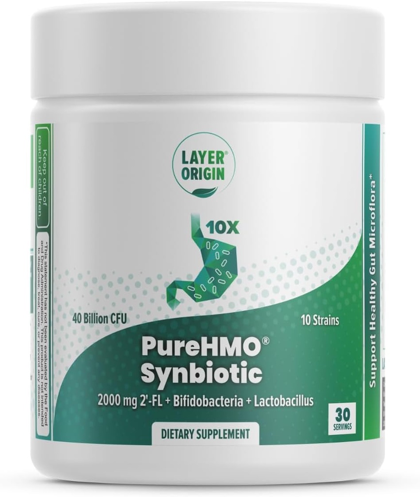Layer Origin | PureHMO Synbiotic: Prebiotico + Probiotico, 2000 mg di polvere di Oligosaccaridi del latte umano, 10 Strains, 40 miliardi di Probiotici - Forma della polvere