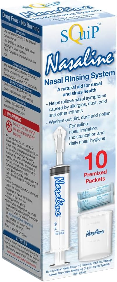 Squip Nasaline Nasal Rinsing System con 10 pacchetti Saline Premixed