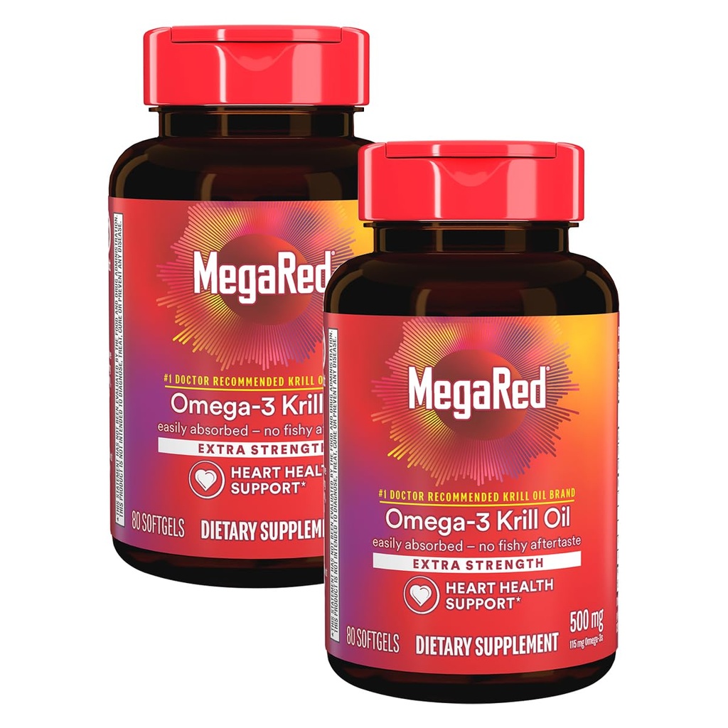 MegaRed Extra Forza 500mg Omega-3 Krill Olio Supplemento con EPA / DHA, No Fishy Aftertaste Supporta la salute del cuore, 80 Count Softgels (2 Pack)