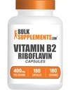 BulkSupplements.com Riboflavin Capsule - Vitamina B2 400 mg, Riboflavin 400mg - Essential B Vitamin, Gluten Free, 1 Capsule per Serving, 180 Capsule (Pack of 1)