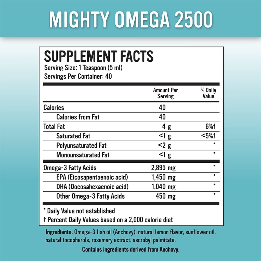 Mighty Omega 2500 Potent Omega 3 Supplemento - 2500 MG EPA DHA Per Teaspoon - Olio di pesce 3 di alta dose Omega - Acciuga del Pacifico meridionale Sorgente - Trigliceride Omega 3 Fatty Acid Supplement