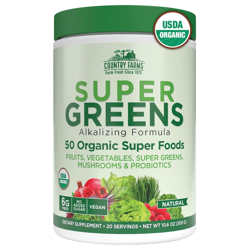 Country Farms Organic Super Greens Natural Flavor, 50 Organic Super Foods, Confezionato con Fibra, USDA Organic Drink Mix, Frutta, Verdura, Funghi e Probiotici, Supporti Energia, Fibra 6g