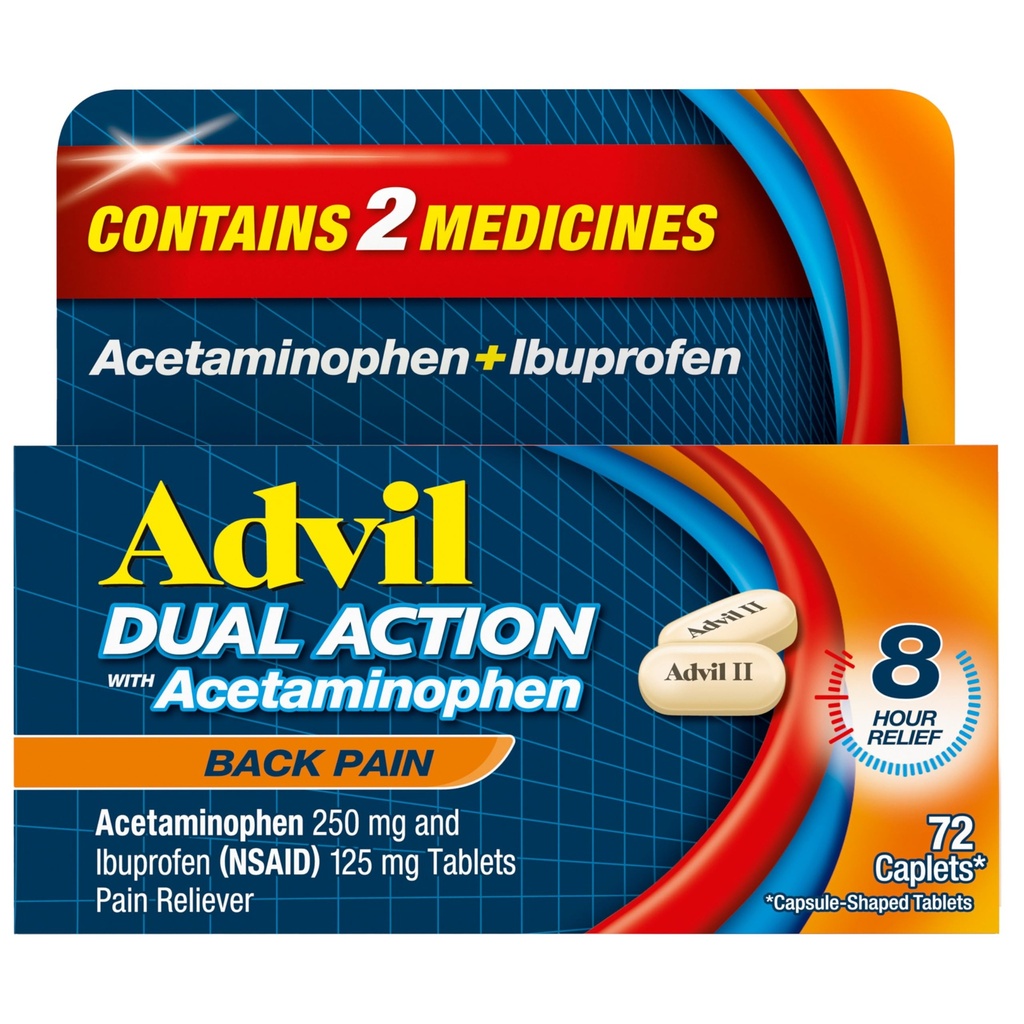 Advil doppia azione posteriore dolore caplets fornisce 250mg Ibuprofene e 500mg Acetaminophen Per Dose per 8 ore di mal di schiena sollievo - 72 Conte