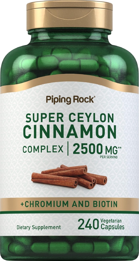 Piping Rock Super Ceylon Cinnamon Complex Capsule | 240 pillole di polvere | Supplemento di estratto con cromo e biotina | Vegetariano, Non OGM, Gluten Free