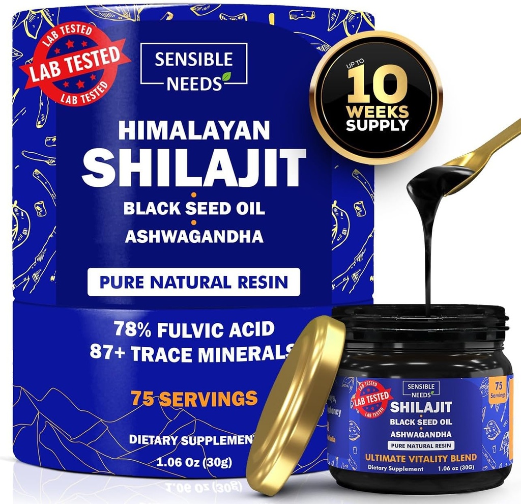 Pure Himalayan Shilajit Organic Resina Supplemento, Shilajit per uomini e donne con olio di semi neri & Ashwagandha, energia, immunità, 78% acido Fulvico, 87+ Minerali di Trace, 400mg