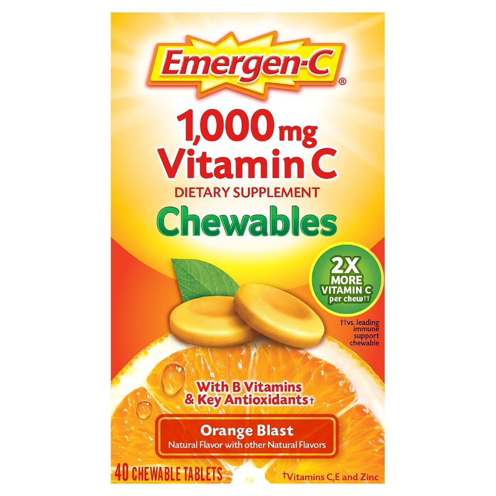 Emergen-C Chewable Vitamin C 1000mg, Con B Vitamine e Antiossidanti Tablet (40 conte, arancione Blast Flavor), Integratore alimentare