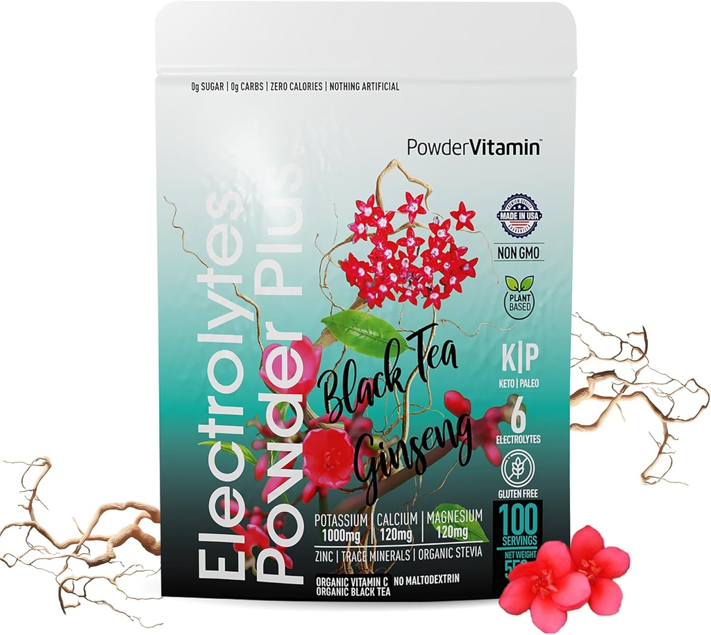 PolvereVitamin Electrolytes Powder Plus (100 Servings) Black Tea Ginseng Electrolyte Powder Keto, Sugar Free, Pink Himalayan Salt, 1000mg Potassium, 150mg Calcium, 150mg Magnesium, Polvere di idratazione