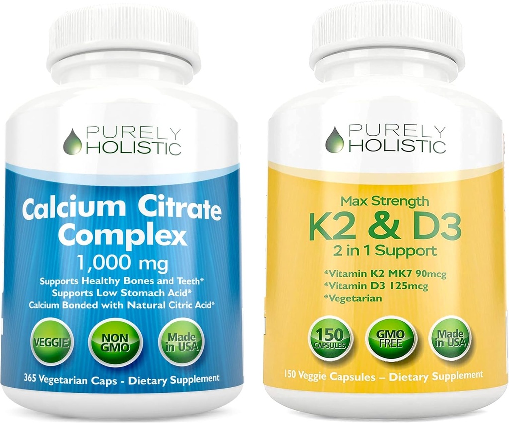 Complesso citrato puro olistico di calcio 1000mg + vitamina D3 125mcg K2 MK7 90mcg - 365 capsule vegane + 150 capsule vegetariane Bundle - Made in USA