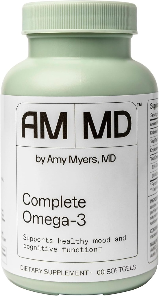 Amy Myers MD Complete Omega-3 Softgels - Fish Oil Supplement per il supporto di sistema cardiovascolare e immunitario - Non-OGM, Non-Dairy & Non-Soy - 60 Softgels (60 Serve)
