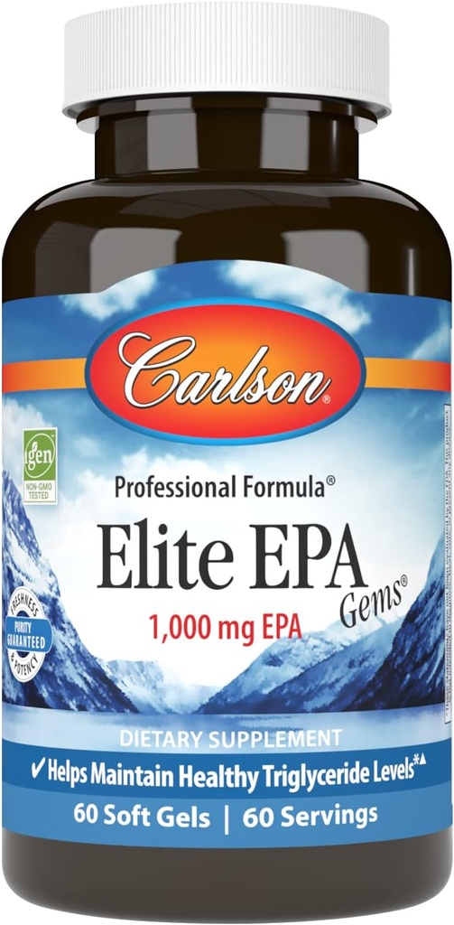 Carlson - Elite EPA Gems, 1000 mg EPA Fish Oil, Wild-Caught, Norvegese Fish Oil Supplement, Sostenibilmente Fonte, Aiuta a mantenere livelli di trigliceridi sani, 60 Softgels