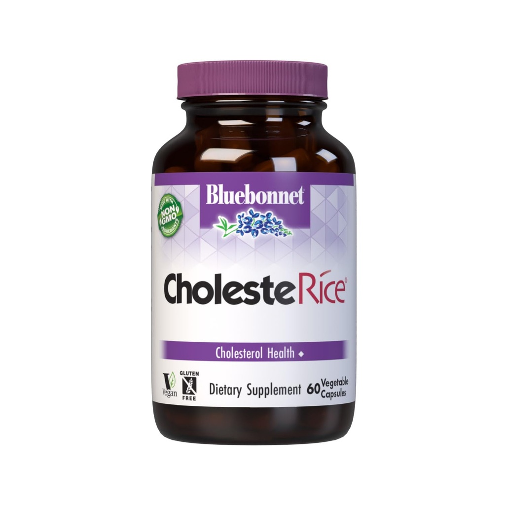 Bluebonnet Nutrition CholesteRice capsule vegetali, Riso di lievito rosso, Sterols vegetali, Pantethine, CoQ10, Policosanolo, Vegan, Vegetariano, Non OGM, Senza glutine, Latte Free, SOY-FREE, 60 capsule vegetali