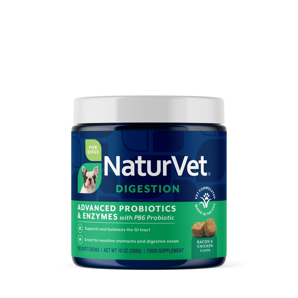 NaturVet Advanced Probiotics & Enzymes, PB6 Dog Soft Chews per aiutare gli stomach sensibili e problemi digestivi, Hickory Smoked Bacon Flavored Pet Supplement per i cani oltre 6 settimane, 120 Conte Jar