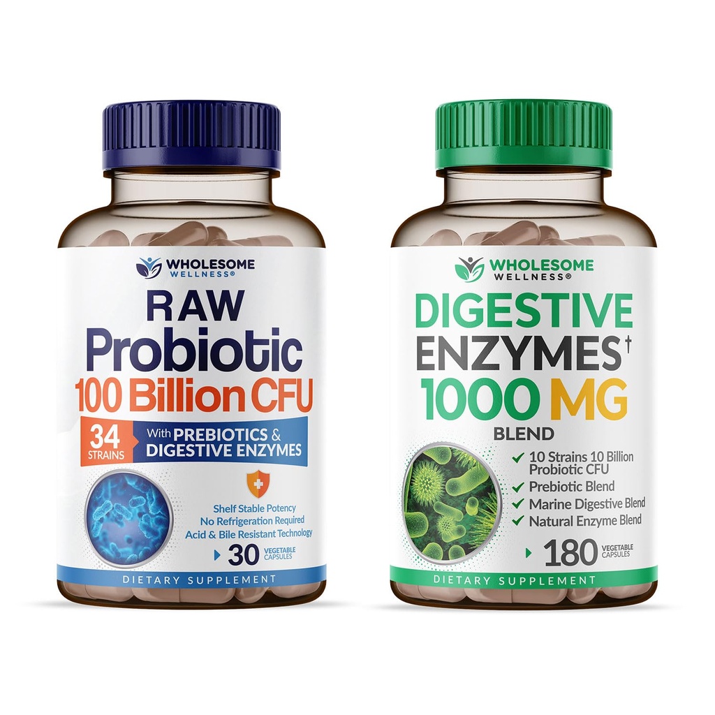 Probiotici organici di tutto benessere 100 miliardi di CFU + enzimi digestivi 1000mg con prebiotici Bundle
