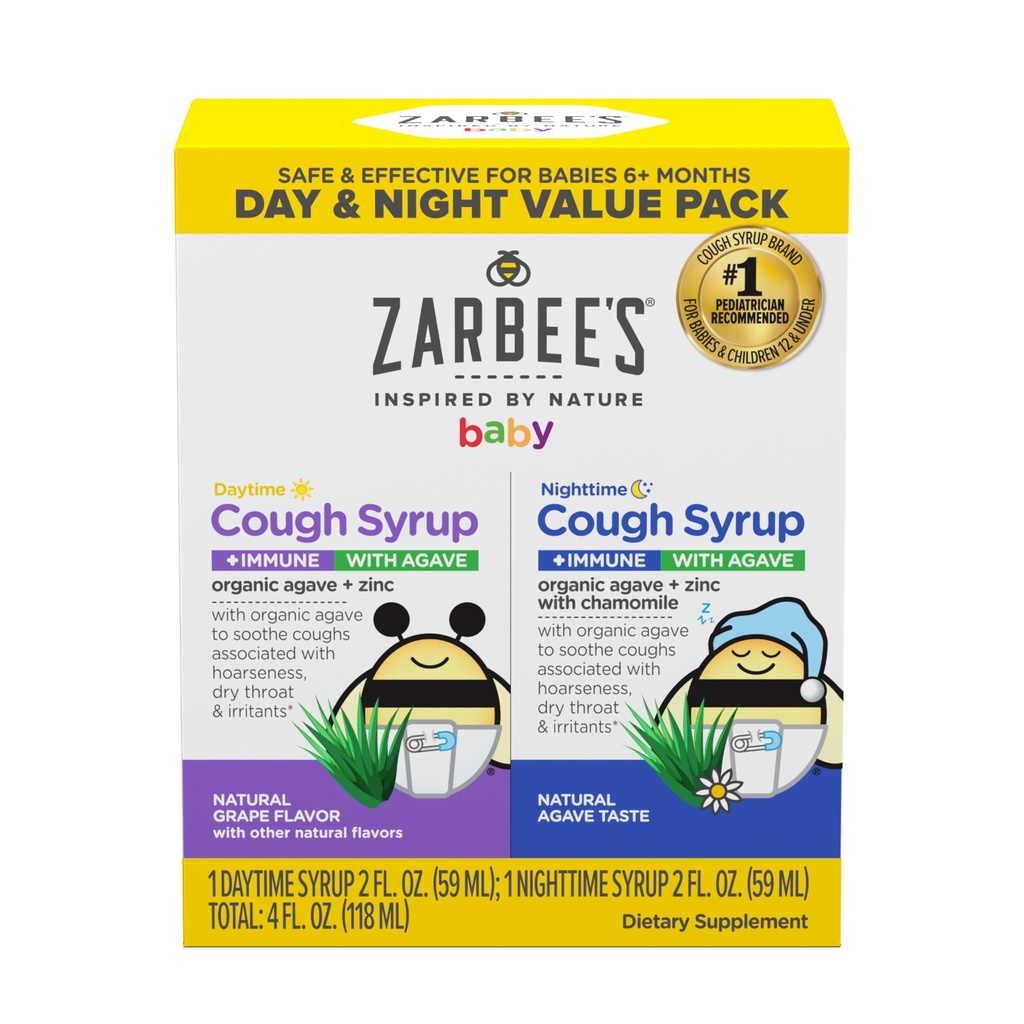 Zarbee's Baby Daytime & Nighttime Cough Syrup + Immune with Organic Agave + Zinc, Uva con camomilla, Agave Taste, Two Pack, 2 x 2 fl. oz