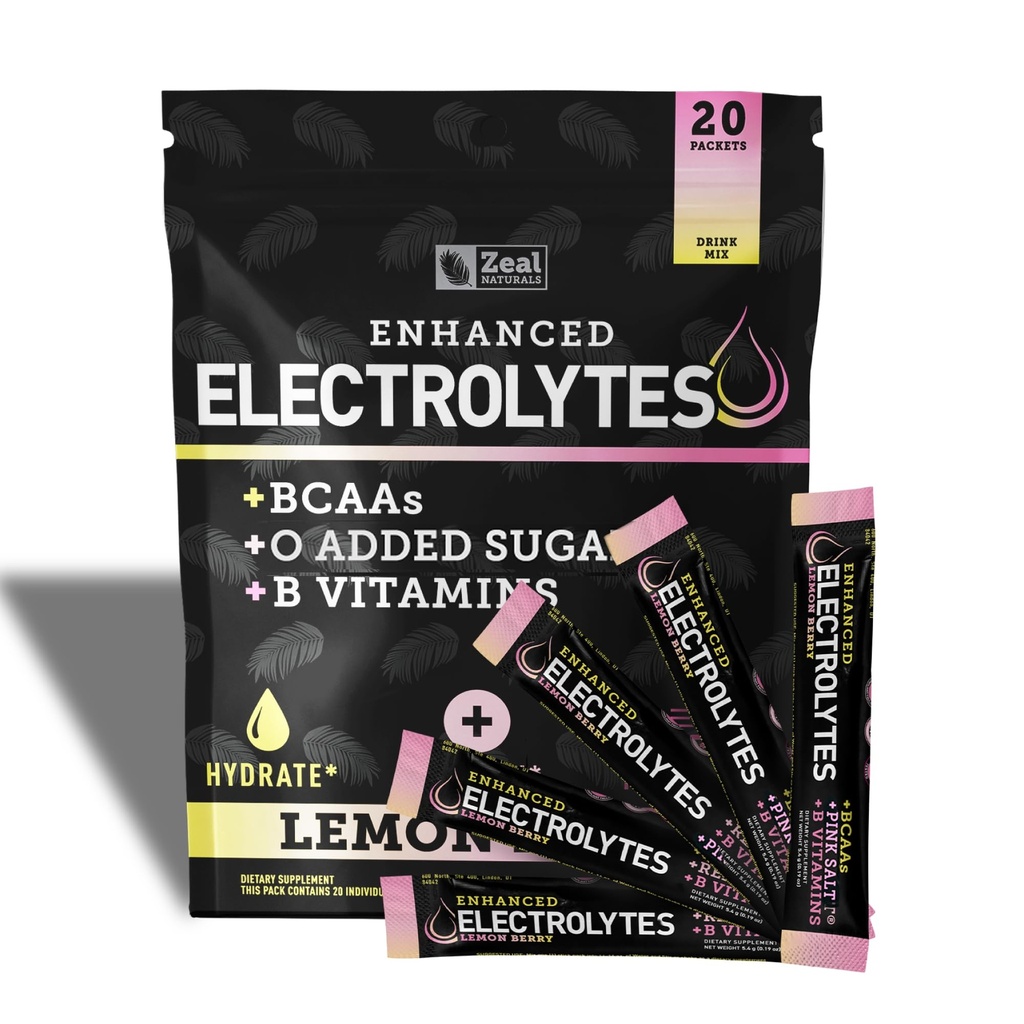 Pacchetti di bacchette di elettrolito potenziati (Borsa di lemone | 20 pacchetti) w/ 0 Zucchero +BCAAs + B-Vitamins Integratore elettrolitico w Potassium Zinc & Magnesio per l'idratazione - Keto Electrolytes