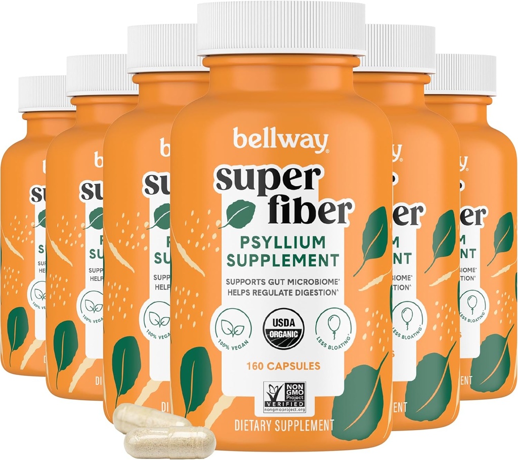 Bellway Super Fiber Capsule (6 Pack) - USDA Organic Psyllium Husk Capsule - Supplemento giornaliero di fibra di Psyllium Husk per la salute e la regolarità digestiva, Plant Based, Non-GMO, Kosher - 960 Capsule
