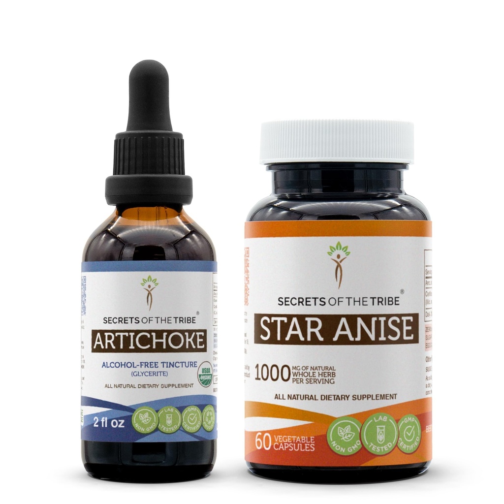 Carciofo USDA Organico e Star Anise Capsule (2 pz.) | Alcol-Free Organic Artichoke (Cynara scolymus) Foglia secca 2 oz e 1000 mg Anice stellata (Illicium verum) Seme secca (60 capsule)