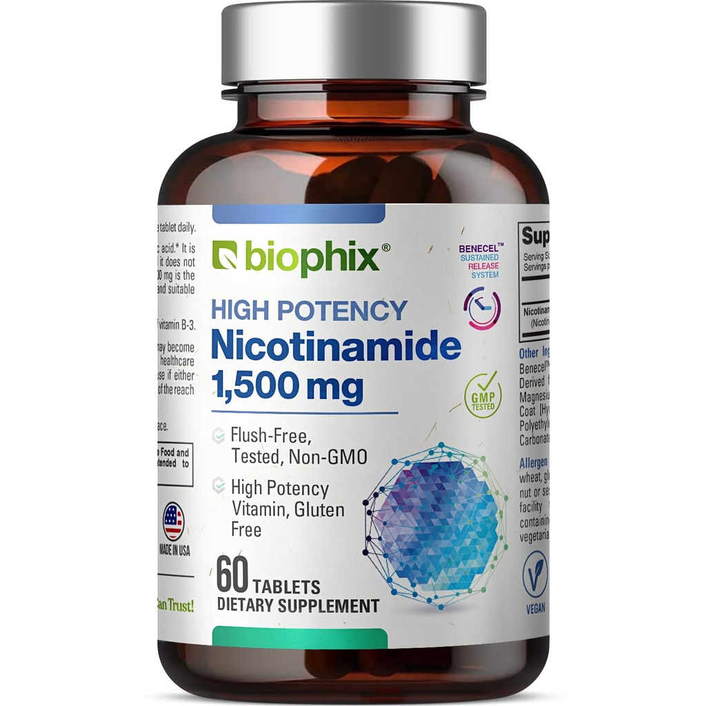 biophix B-3 Nicotinamide 1500 mg 60 compresse Massima resistenza - Nicotinic Amide Niacin Natural Flush-Free Vitamin Formula - Supporta la salute delle cellule della pelle