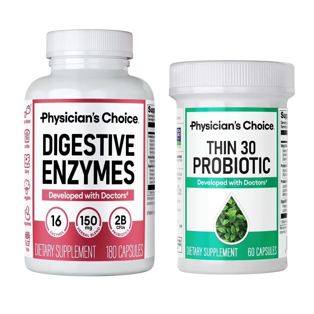 CHOICE del medico - Beat Bloat + Support Weight Management Bundle: Enzimi digestivi 180ct + Thin-30 Probiotic 60ct - Value Pack