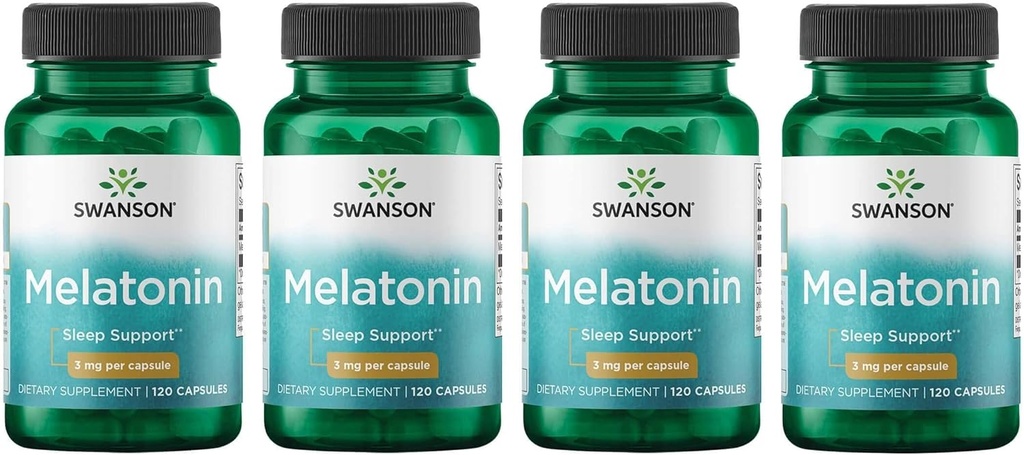 Swanson Melatonin - Integratore di erbe - Sonno e Rilassamento - (120 capsule, 3mg ogni) 4 Pack