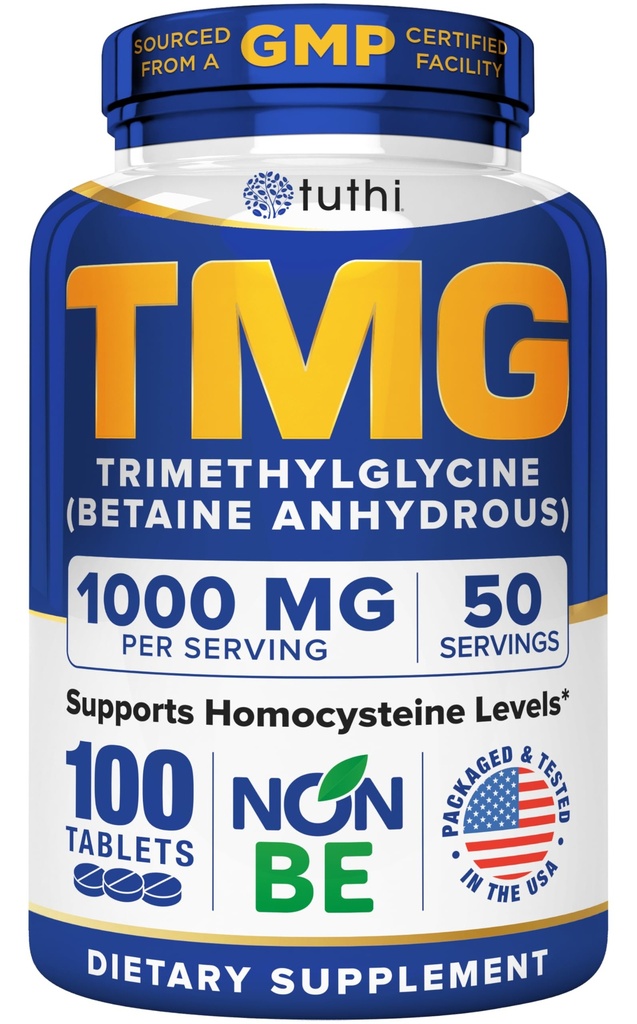 Tuthi TMG Supplemento – Trimetilglicina 1000mg – Aminoacido betaina per il supporto cardiovascolare e livelli di omocisteina sana – 100 compresse vegane – senza glutine, non OGM – Made in USA