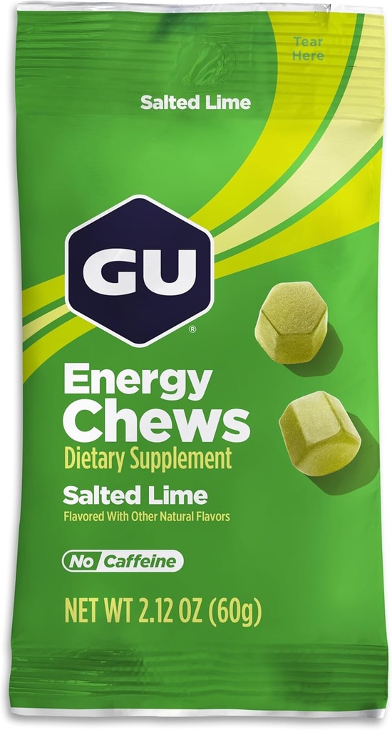 GU Energy Chews, Lime salato Energy Gummies con elettroliti, Vegan, senza glutine, Kosher, Caffeina-Free, e Dairy-Free On-The-Go Energy per qualsiasi allenamento, 12 sacchetti (24 Servings Total)